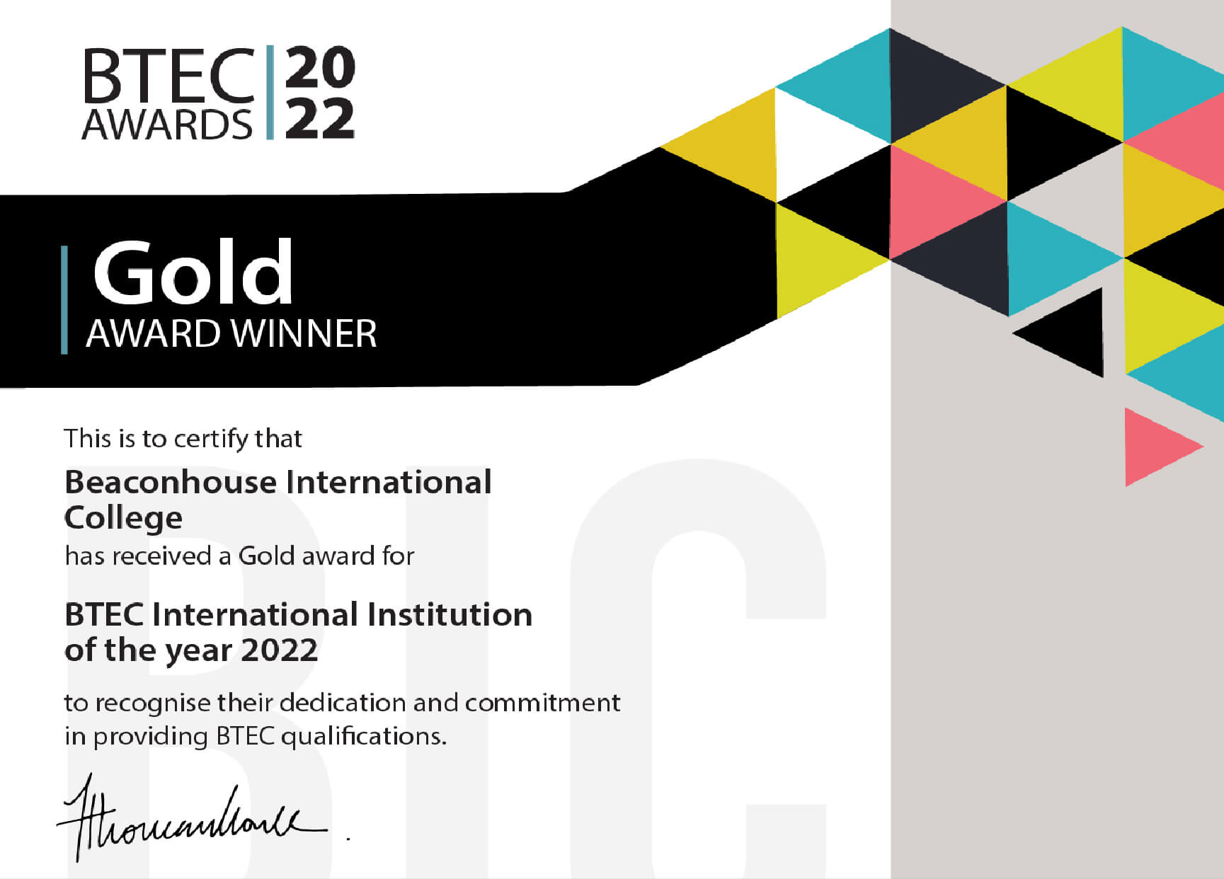 WINNER BTEC Institute
of the Year Award